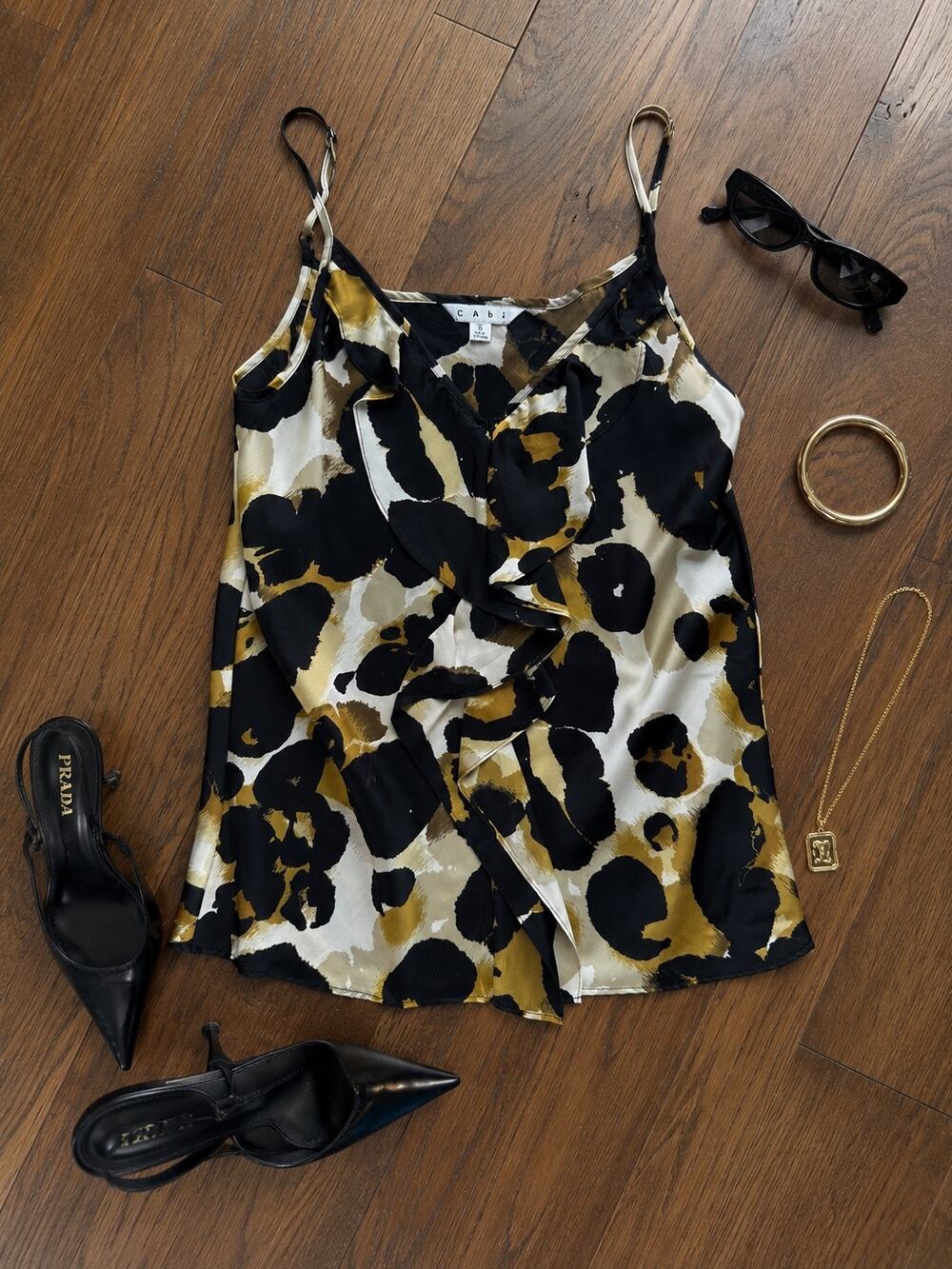 CAbi Animal Print Ruffle Cami Tank Top - Small - Leopard Print Sleeveless Blouse